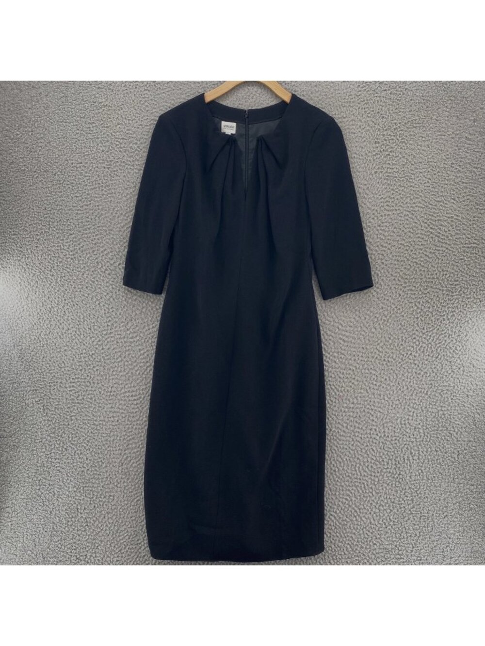 Armani Dress Women 4 Black Pencil Sheath 3/4 Sleeve Pleated Notch V Neck Stretch